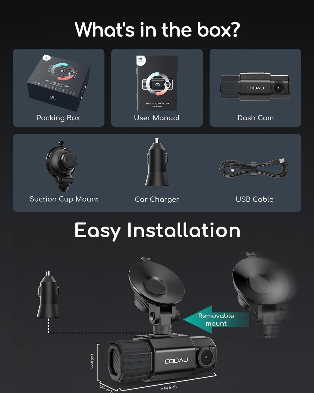 COOAU Dual Dash Cam 2.5K+1080P, Dash Cam Front and Inside, Built-in GPS and W...