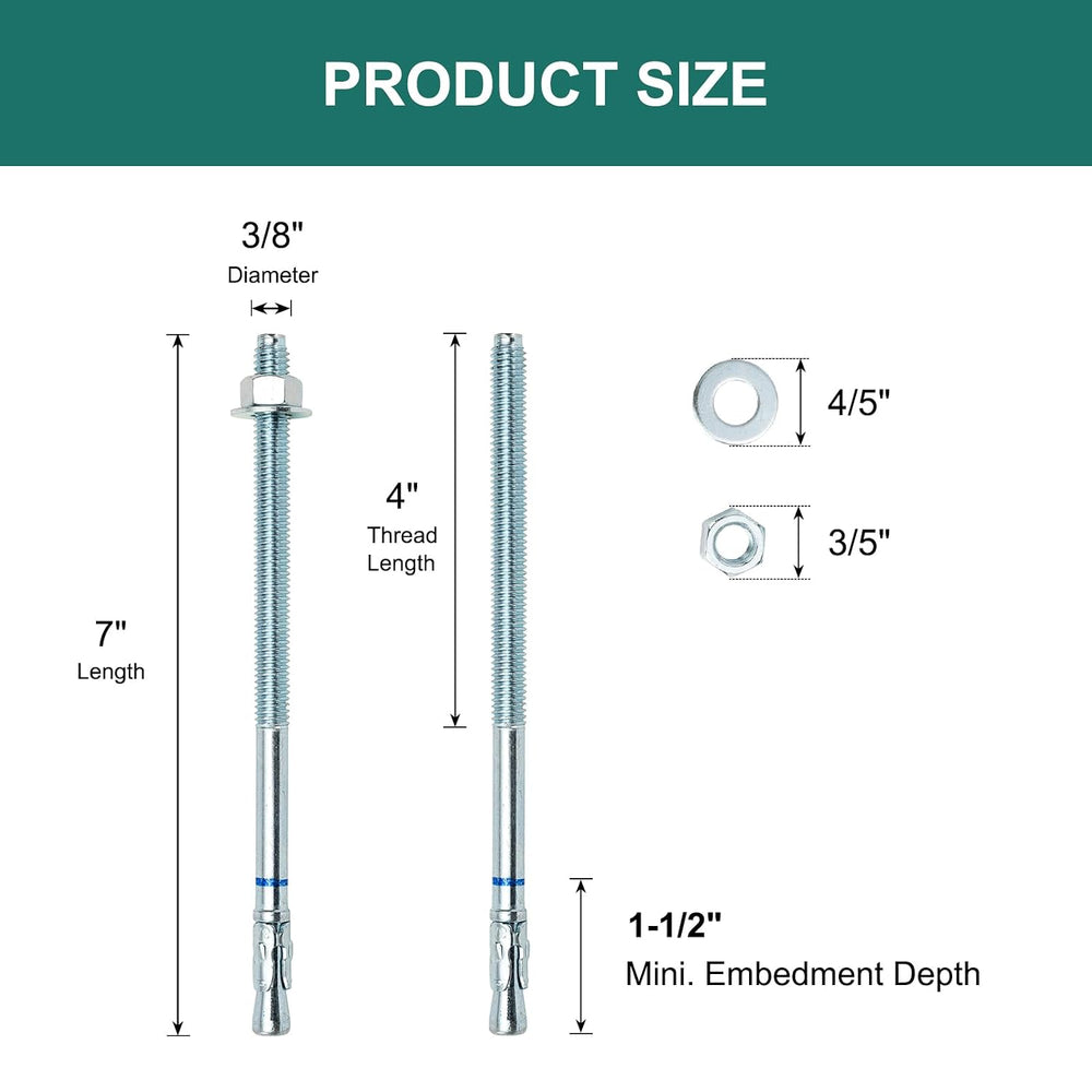 3/8" x 7" Concrete Anchors (50 Pack) 3/8 inch Wedge Anchors Bolts Z...