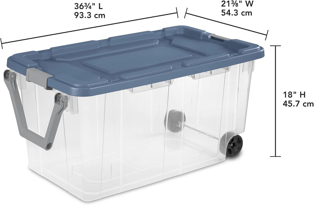 160 Quart Extra Large Clear Rolling Storage Bins 2-Pack, Blue Heavy-Duty Plas...