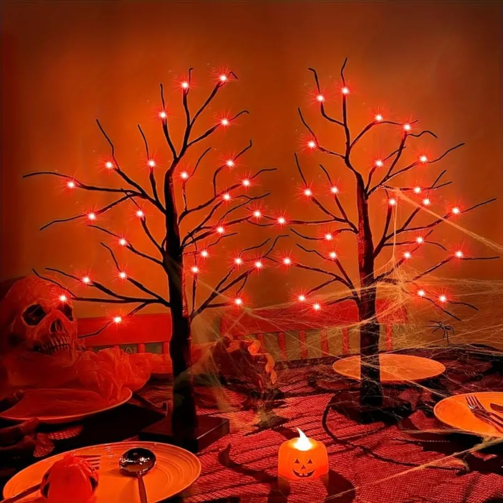 2 Pack 24 Inch Halloween Decorations Black Halloween Tree 48 led Orange Light...