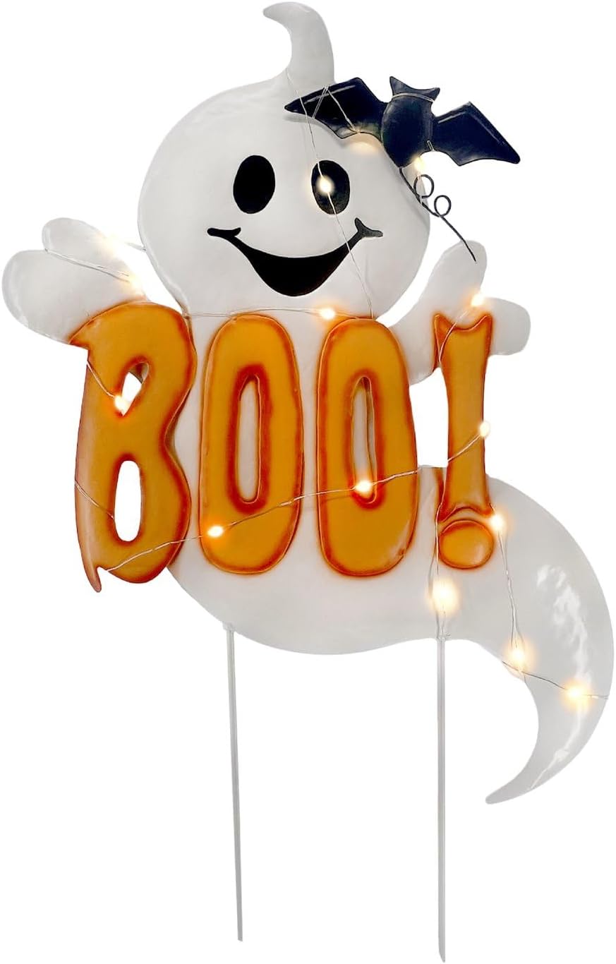 Haunted Hill Farm 2-Ft. White LED Boo Halloween Sign with Friendly Ghosts