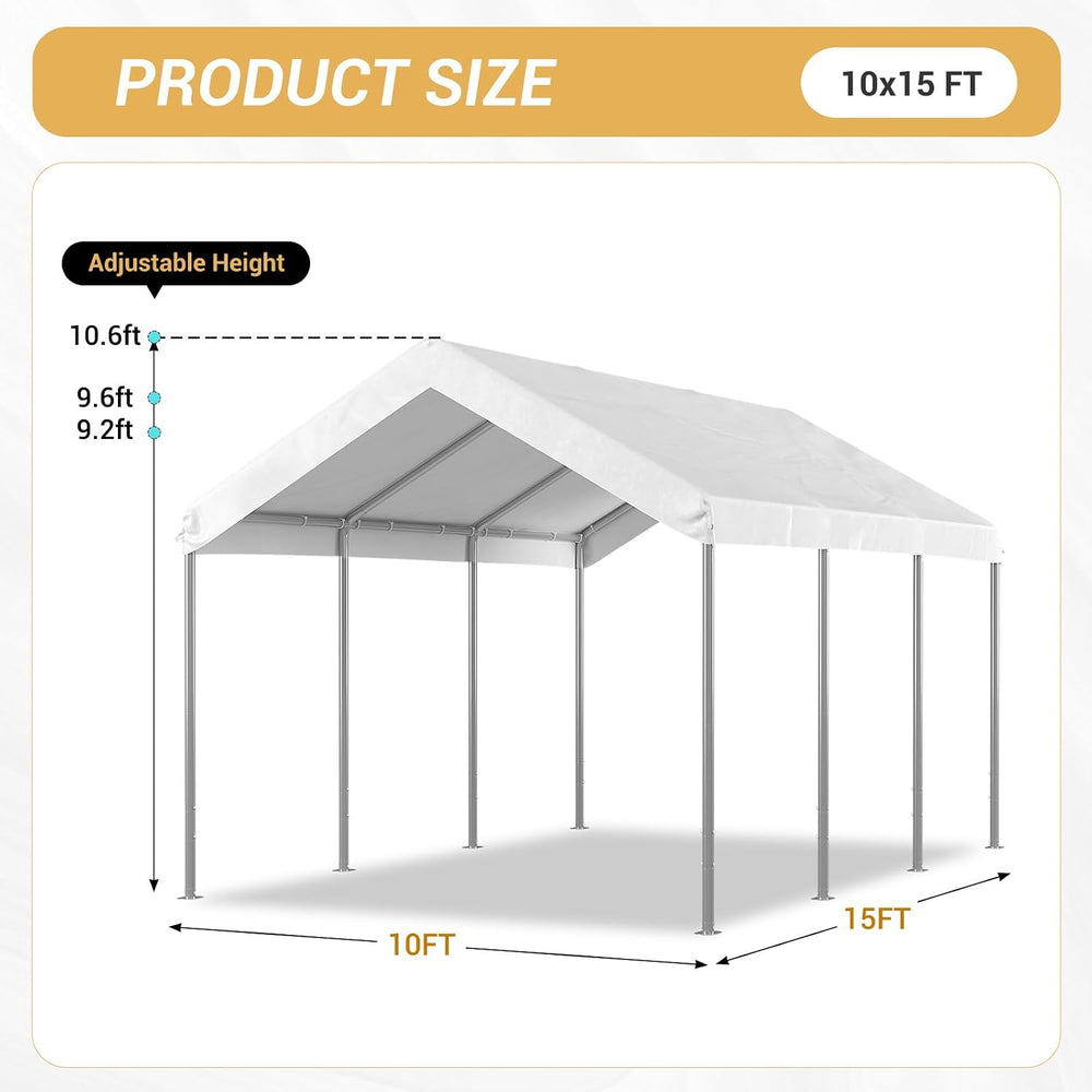 Aoxun 10x15 ft Heavy Duty Carport, Adjustable Height Portable Garage, White