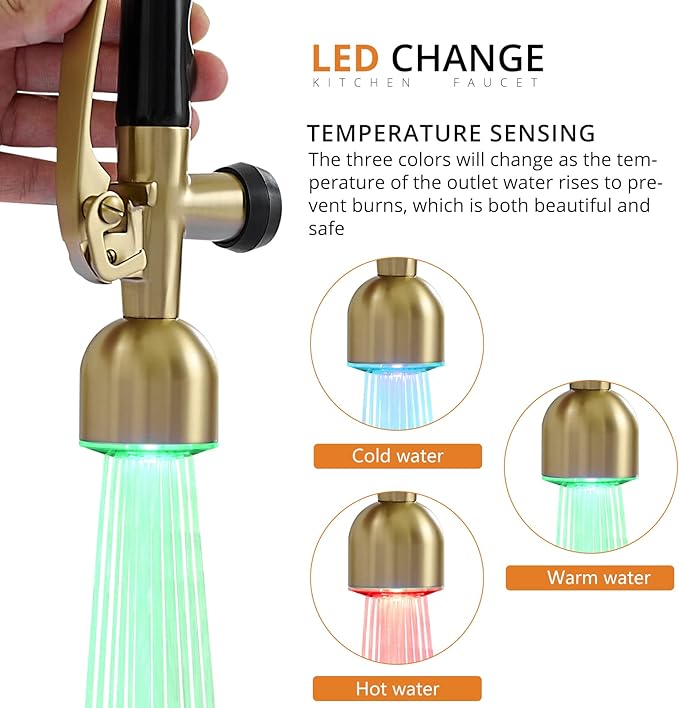 Fapully Single Handle High Arc Brushed Gold Pull Down Kitchen Faucet LED
