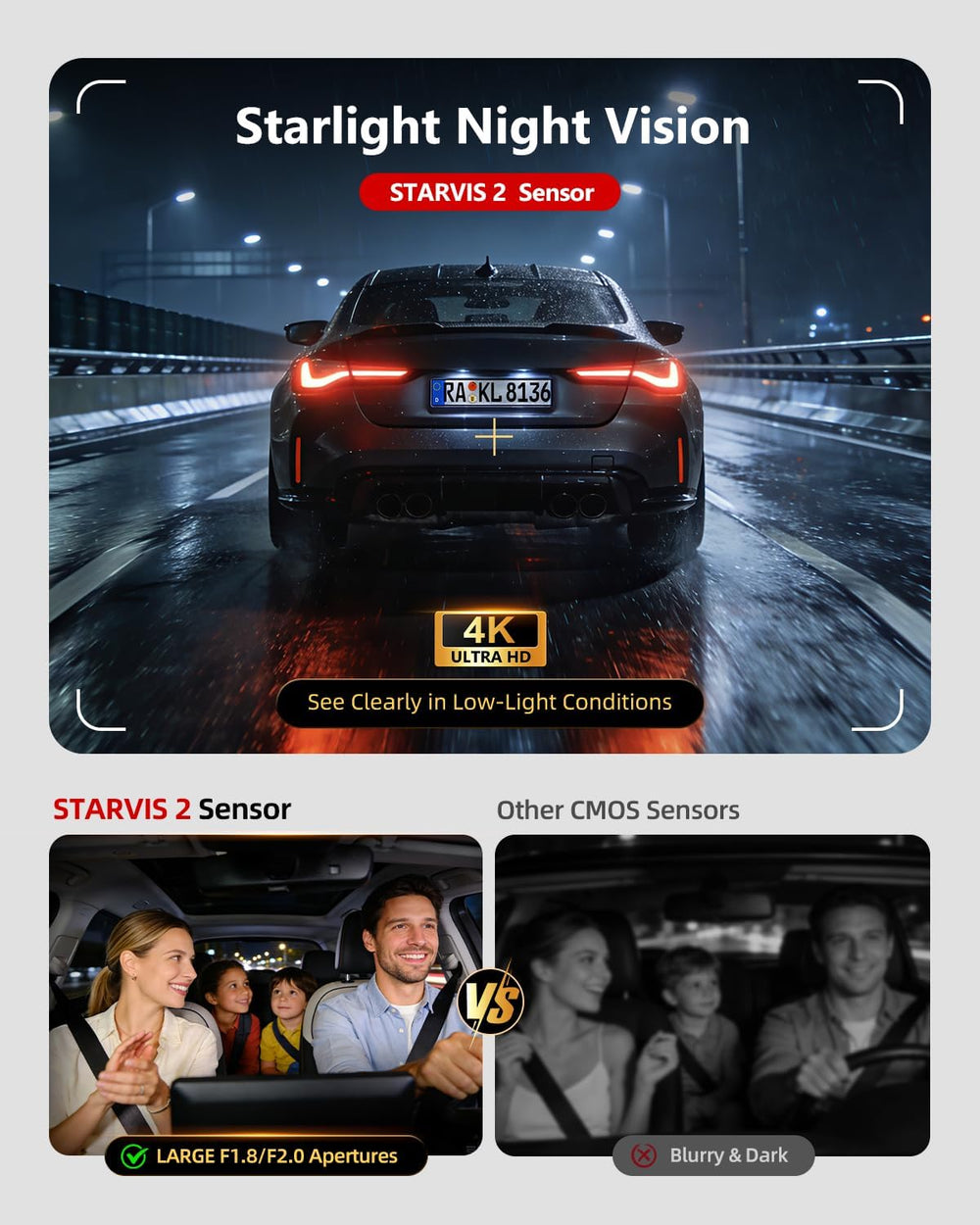 3 Channel Dash Cam Front and Rear, 4K Dash Camera for Cars STARVIS 2 HDR Nigh...