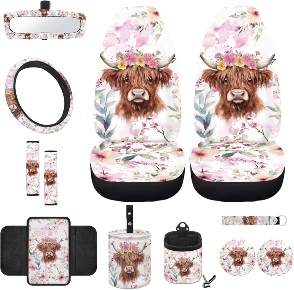 Wanyint Highland Cow Flower Pink Front Car Seat Cover Full Set with Steering ...