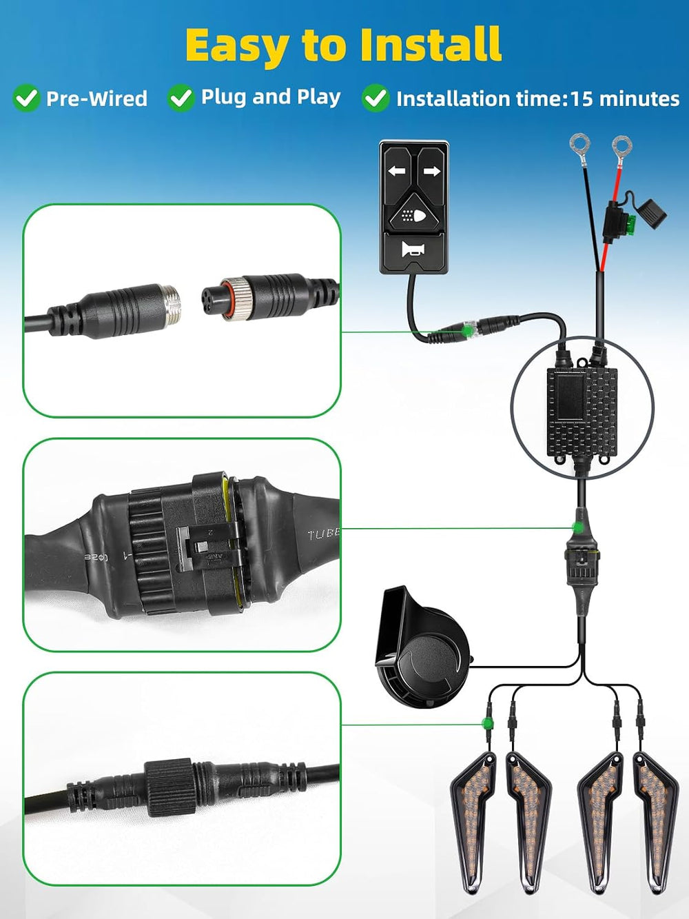 UTV Turn Signal Kit with 110D Horn, Pre-Wired Plug & Play UTV/ATV Univers...