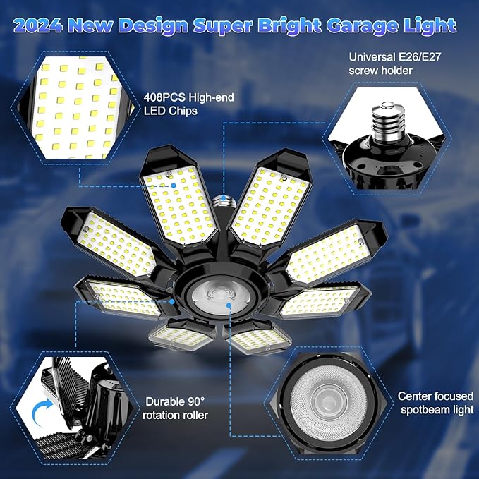 Garage Lights - Super Bright 25000LM Garage Lights Ceiling Led w/ 8 Deformable