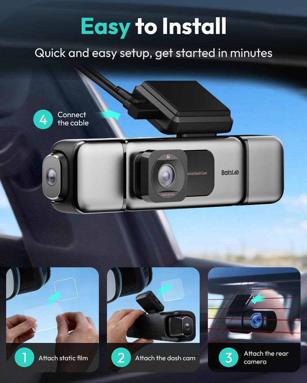 BOTSLAB 4 Channel 360ยฐ Dash Cam, 128GB Card, Voice Control, App Control