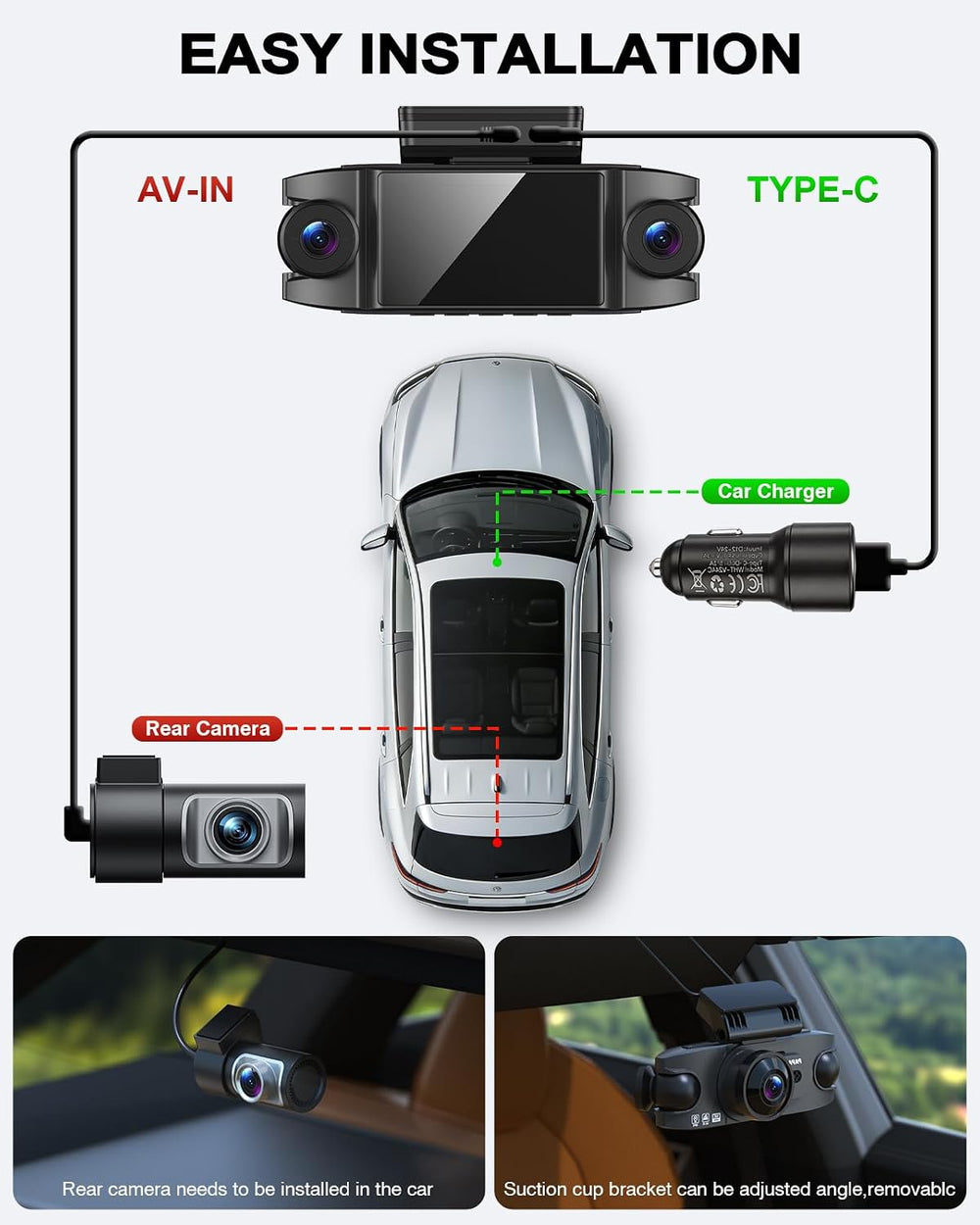 4 Channel 360ยฐ Dash Cam, 4K Front + 1080P Rear/Left/Right, 5GHz WiFi 30MB/s