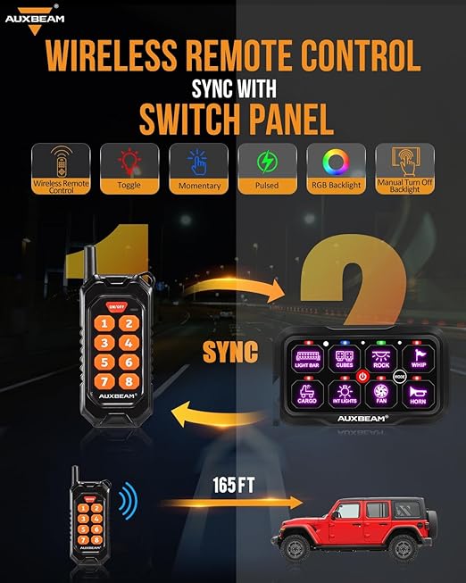 Auxbeam 8 Gang Switch Panel RC-800 RGB Wireless Remote Control Range Up to