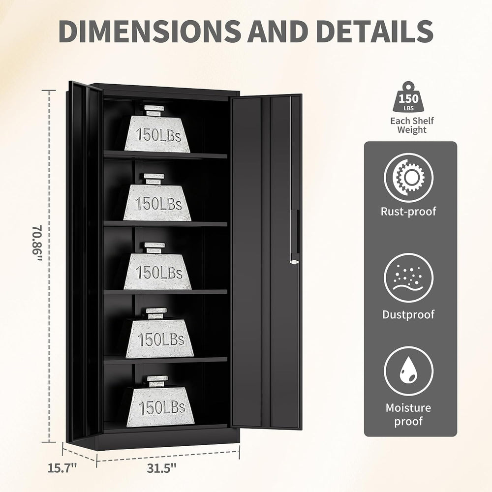 Metal Storage Cabinet with Lock, 71"H Garage Storage Cabinet, Black