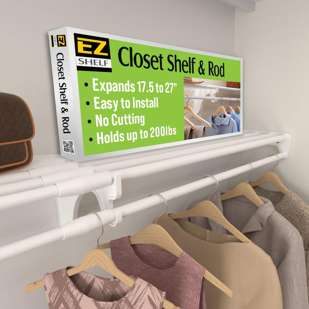 EZ Shelf - Hanging Shelf - Closet Rod - Expands 17.5-27โ - White, Closet Shel...