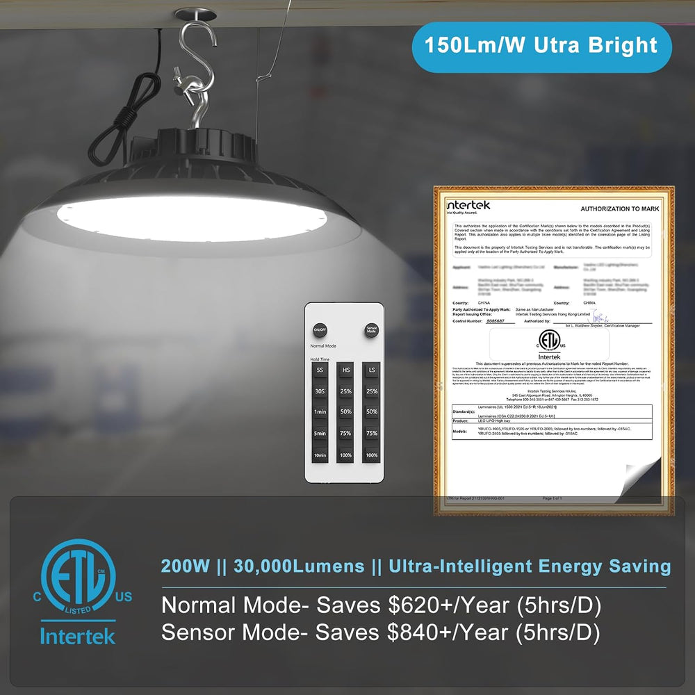 Smart 200W LED High Bay Light 30000LM 5000K UFO High Bay Lighting Motion Acti...