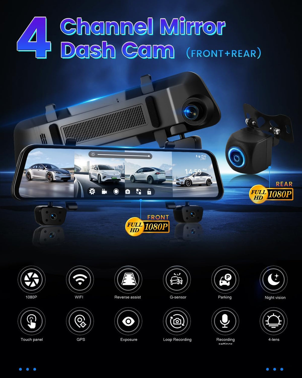 12'' Rearview Mirror Camera for Cars, NHOPEEW 360 Degree View 4 Chann...
