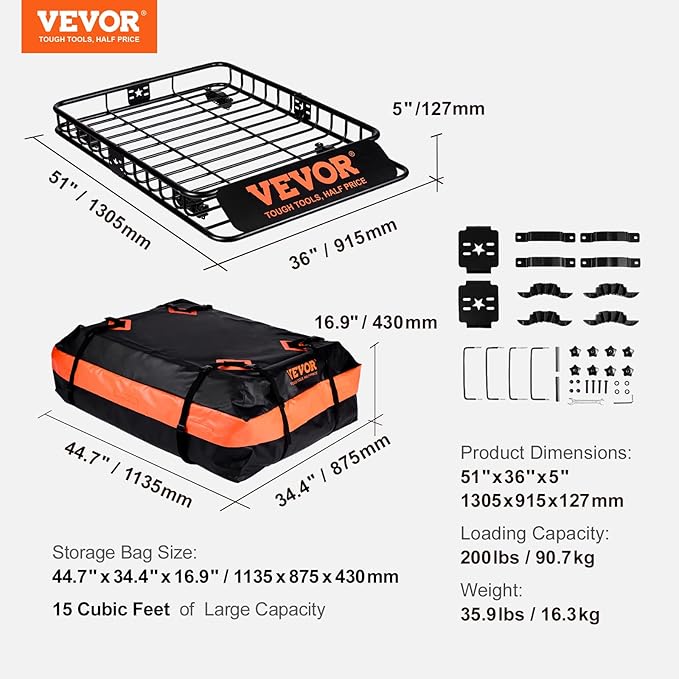 VEVOR Roof Rack Cargo Basket, 200 LBS Capacity Universal Rack Carrier