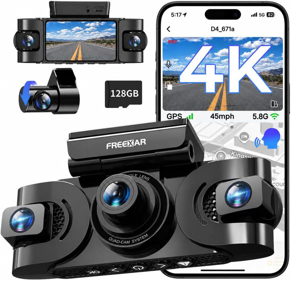 4K 360ยฐ Dash Cam with 128GB Card, 4-Channel Dash Camera for Cars
