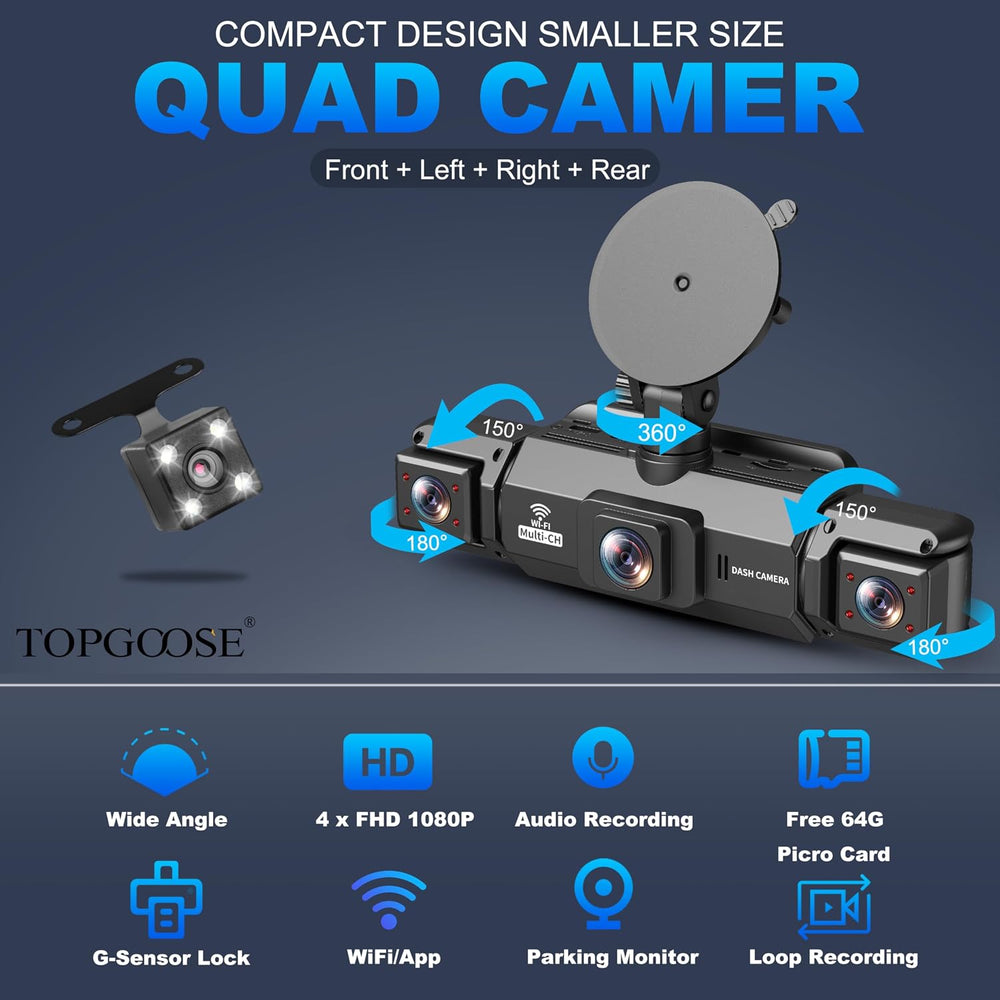 4 Channel Dash Cam 360° View, TOPGOOSE 2K FHD Front and Rear Inside, Left Rig...