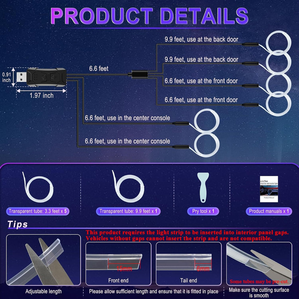 LivTee Smart LED Car Lights Interior with USB Port, LED Strip Fiber Optic Amb...