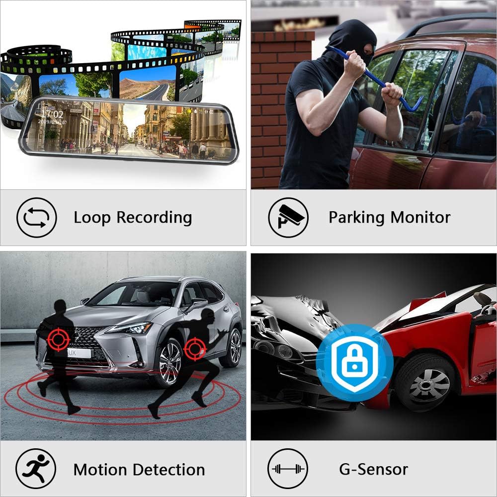 Upgraded 10'' Rear View Mirror Camera Mirror Dash Cam Front and Rear ...