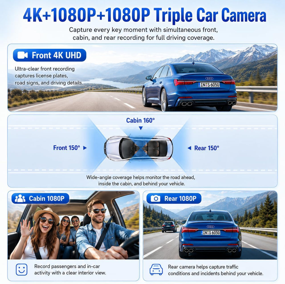 4K Mirror Triple Dash Cam for Cars, Dashcam Rearview with Night Vision WiFi