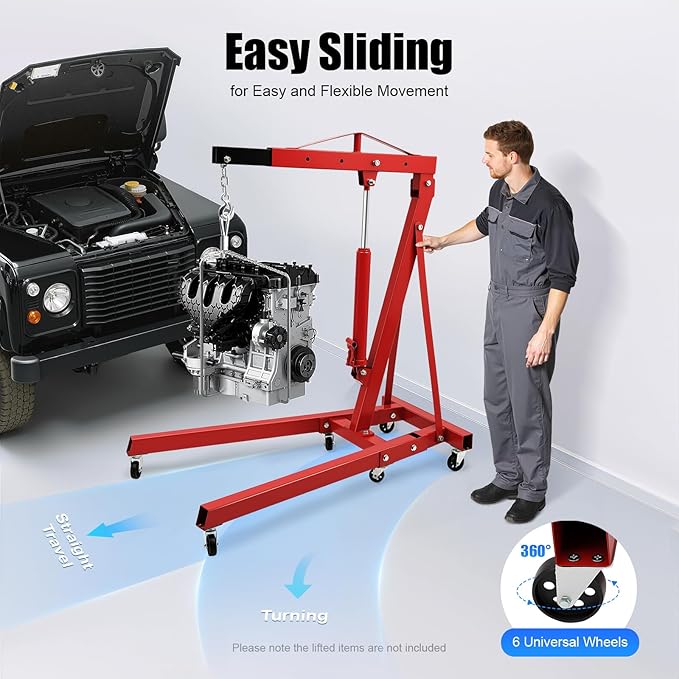 2 Ton Engine Hoist, Folding Hydraulic Engine Crane Red, Heavy Duty Cherry