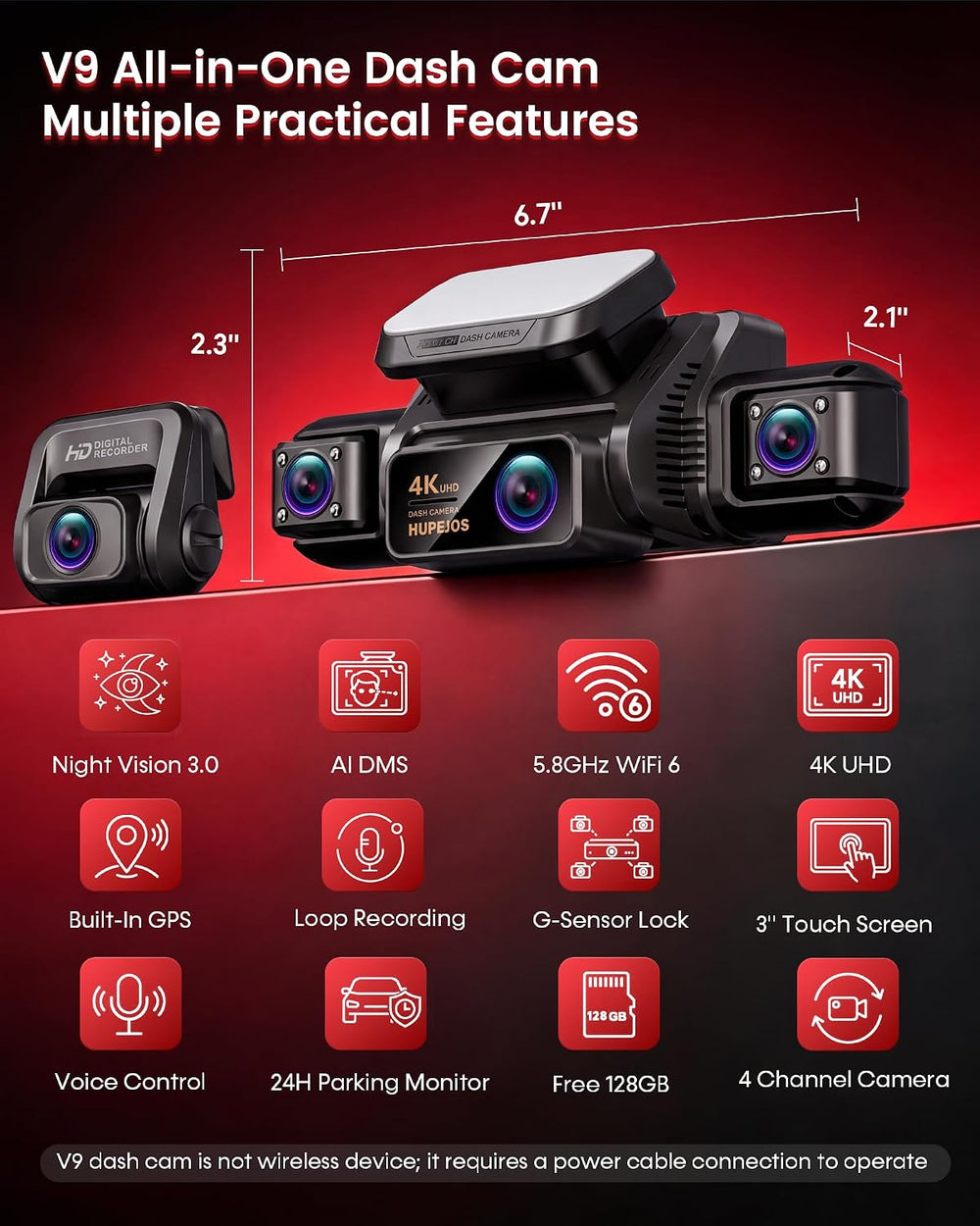 HUPEJOS AI 4K Dash Cam Front and Rear, 360ยฐ View 4 Channel Camera for Car