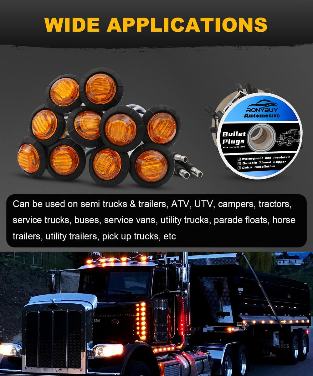 50 Pcs 3/4" Amber LED Marker Lights w/Plug + Female 2-Prong Wire