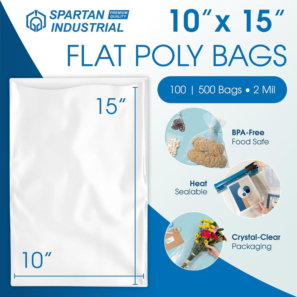 10" X 15" Open-End Flat Poly Bags (500 Count) - 2 Mil Plastic Clear...