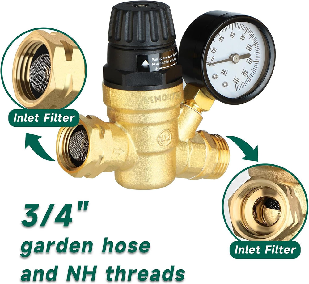 STMOUTUO RV Water Pressure Regulator Valve for Camper. Lead-Free Brass.