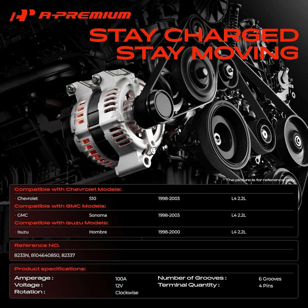A-Premium Alternator, 12V 100A 6-Groove Pulley Clockwise