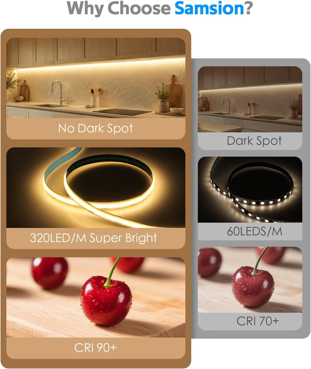 Adhesive COB LED Strip Lights 100ft Dimmable with Remote Warm White 3000K