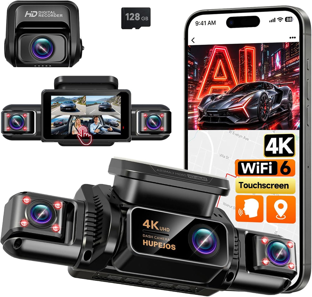 HUPEJOS AI 4K Dash Cam Front and Rear, 360ยฐ View 4 Channel Camera for Car