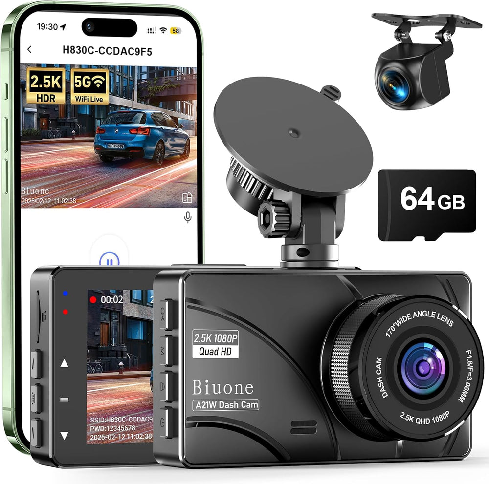 Dual Dash Cam, 2.5K Front, 1080P Rear, 5G WiFi, 64GB Card