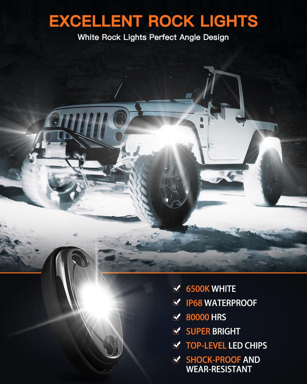 LEDMIRCY R1 Pure White LED Rock Lights Kit with Rocker Switch Wire Harness 12...