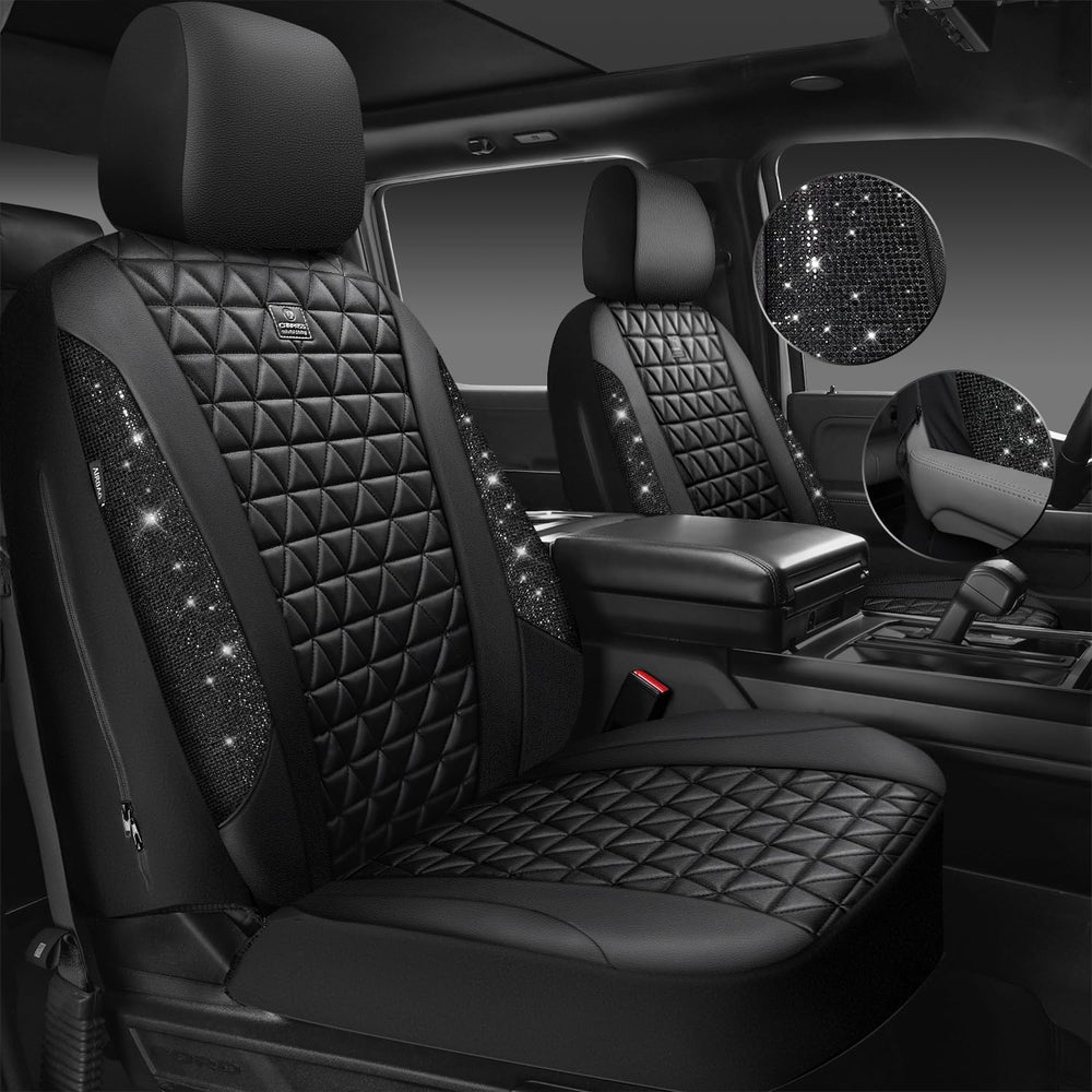 CAR PASS Bling Diamond Black Leather Car Seat Covers Full Sets Interior Sets,...