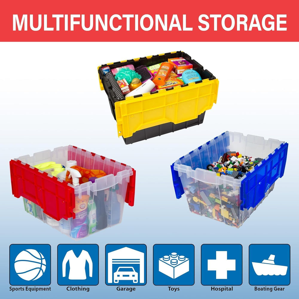 Akro-Mils KeepBox 12 Gal Storage Box, Lid Attached, Stackable, Clear/Blue
