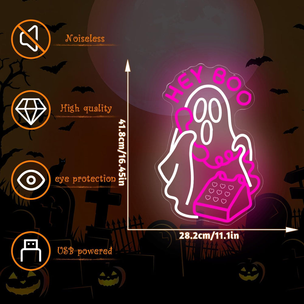 Hey Boo Halloween Neon Sign for Wall Decor Ghost Led Neon Sign Dimmable