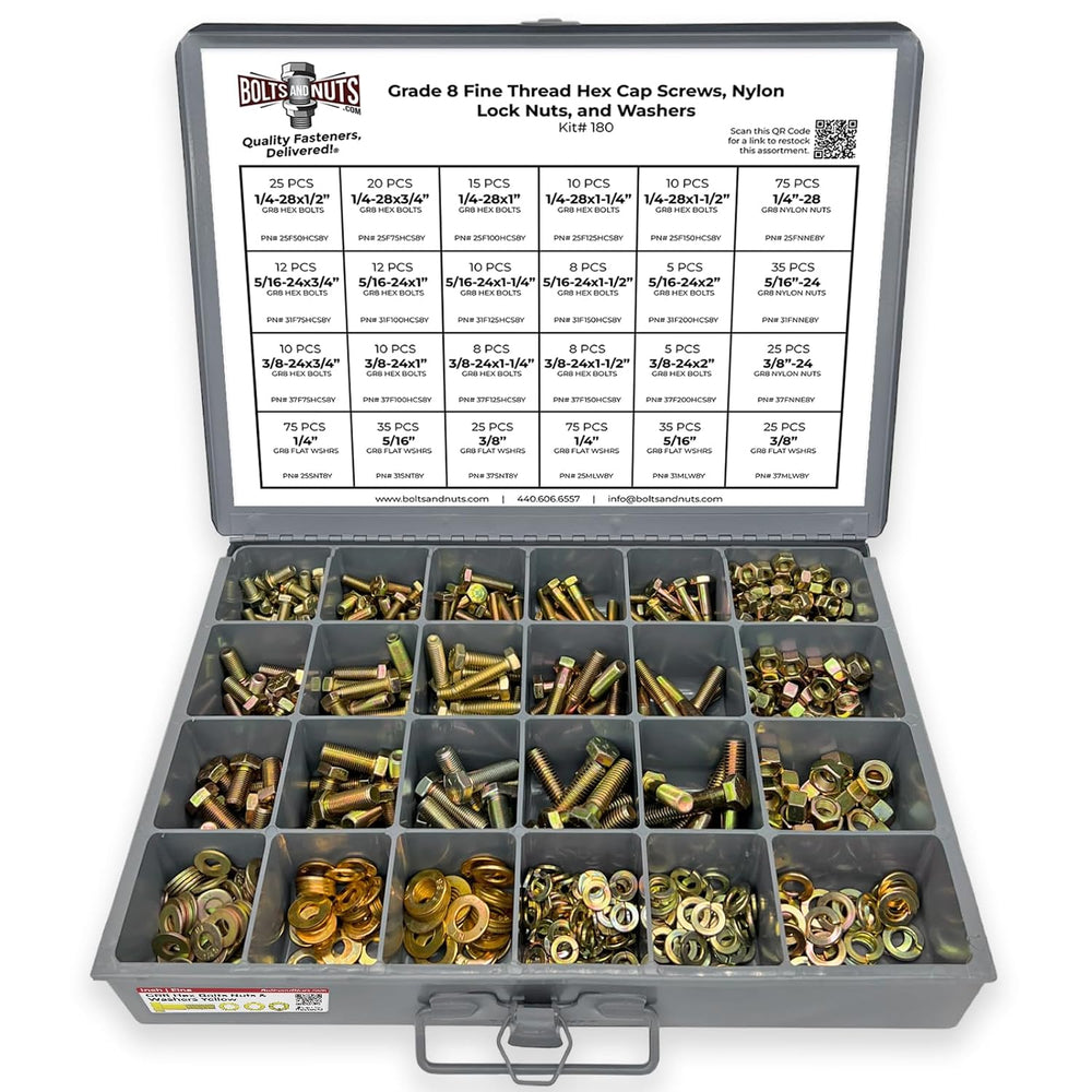 Grade 8 FINE Thread Hex Cap Bolts Screws, Nylon Nylok Lock Nuts, Washers, Loc...