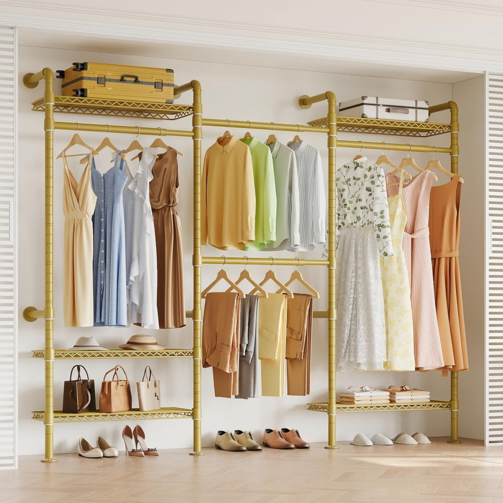 Higeego W3 Wall Mounted Clothes Rack, Industrial Pipe Clothing Rack, Gold