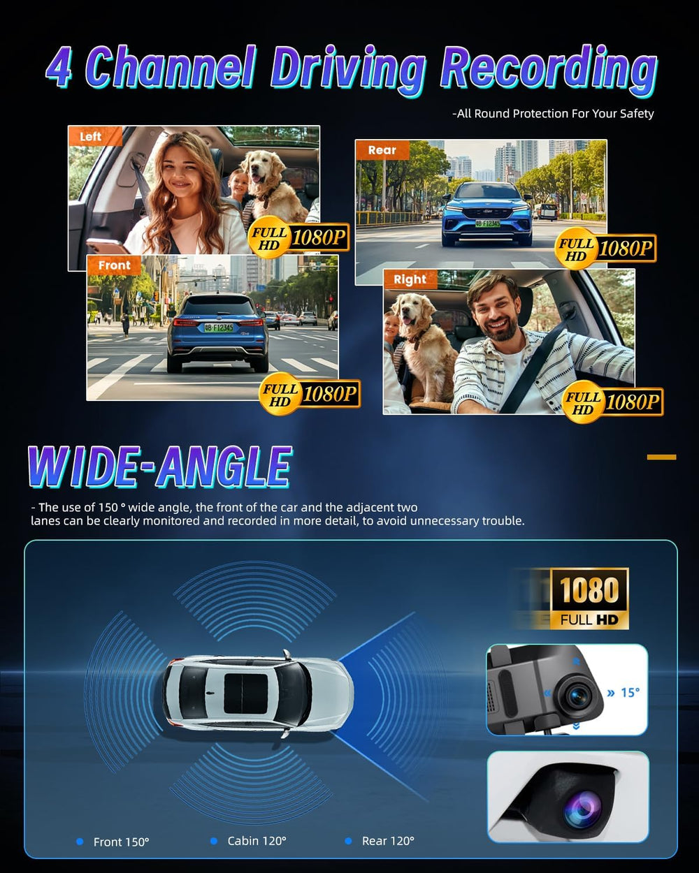 12'' Rearview Mirror Camera for Cars, NHOPEEW 360 Degree View 4 Chann...