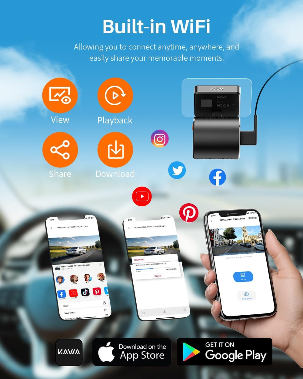 KAWA Tiny Dash Cam, Voice Control & WiFi 2K Mini Camera for Car