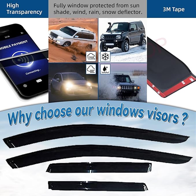 4pcs Front+Rear Smoke Sun/Rain Guard Outside Mount Tape-On Window Visors