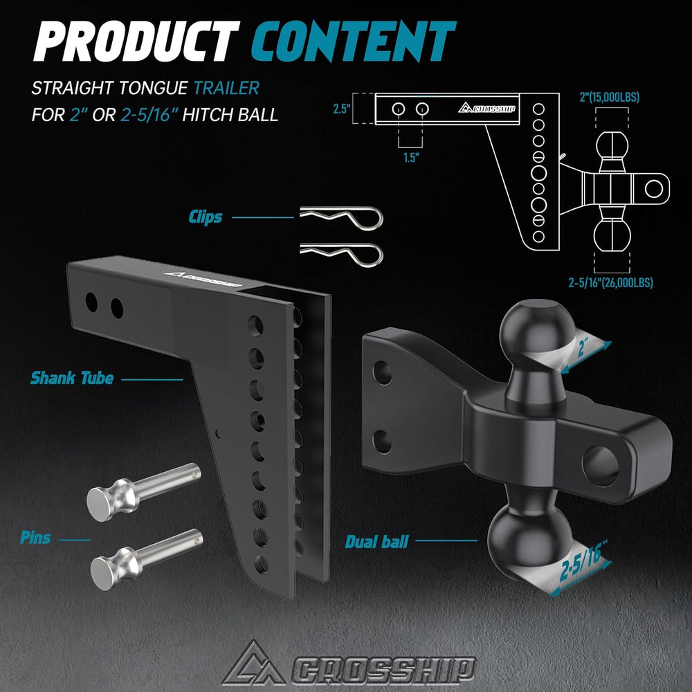 Adjustable Drawbar Trailer Hitch - Fits 2.5'' Receiver, 6'' D...