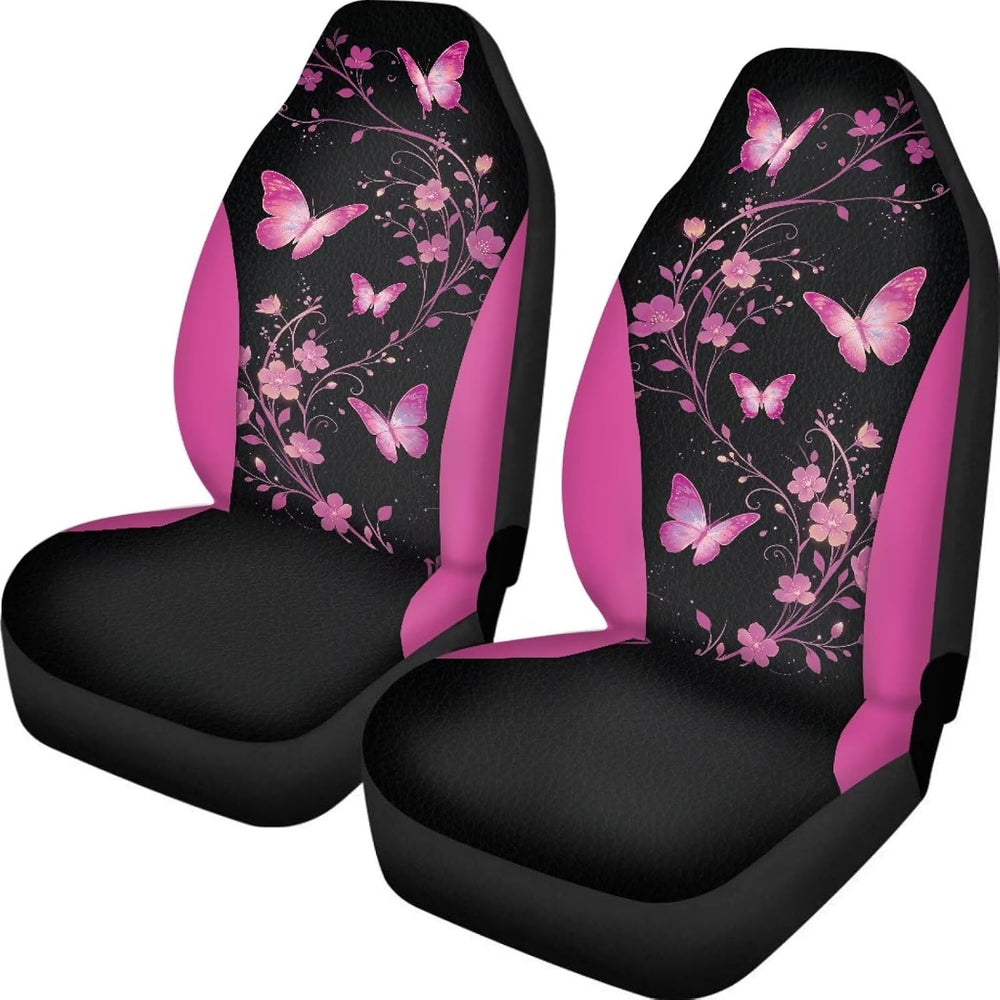 Howilath Universal Fit Pink Butterfly Flower Car Seat Covers 2-Piece Elastic ...