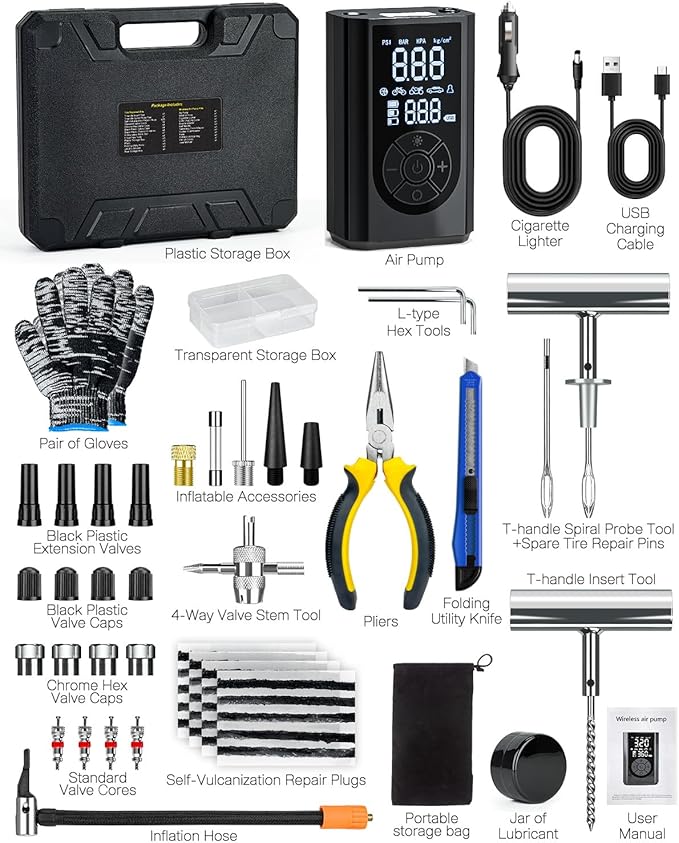 Tire Repair Kit with Portable Air Compressor, Tire Plug Kit 58PCS with Cordless