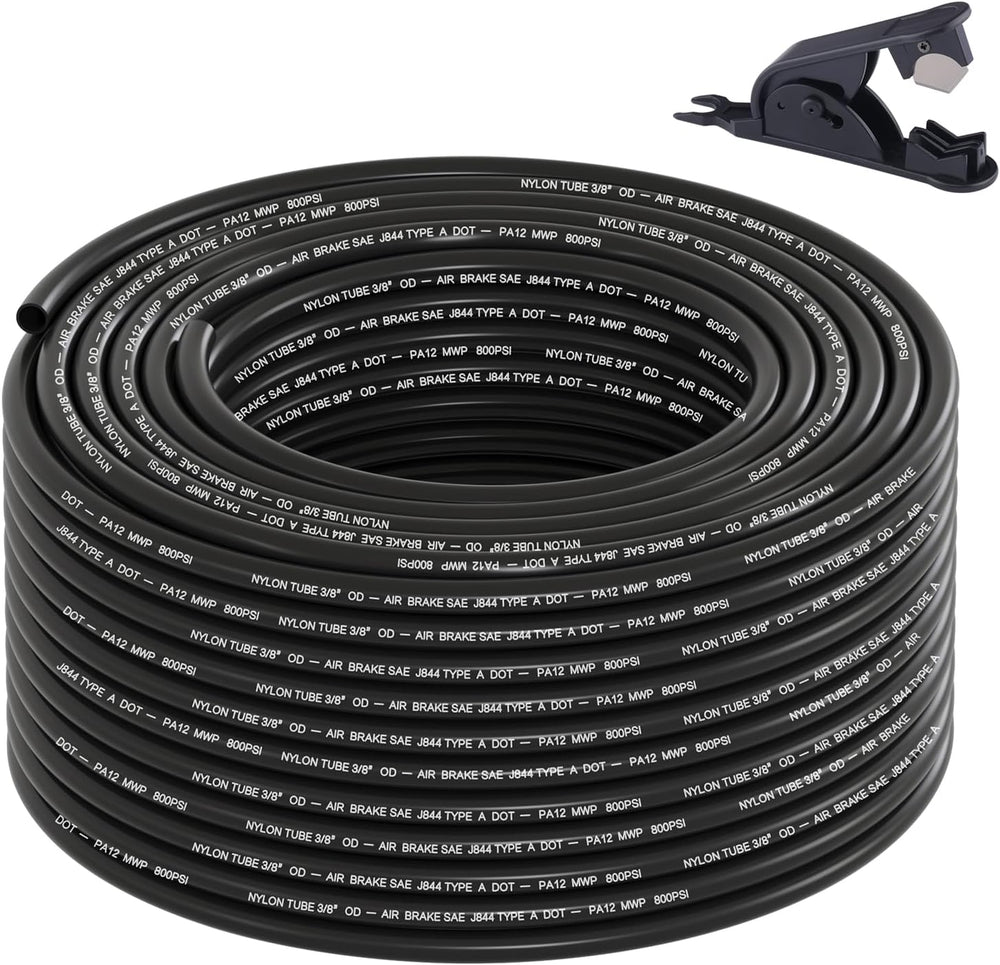 3/8" DOT Air Line, 100FT SAE J844 PA12 Nylon Air Tubing with Cutter