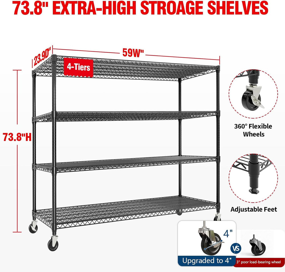 Garvee 4-Tiers Storage Shelves 2640LBS Heavy Duty Metal Shelves with Wheel