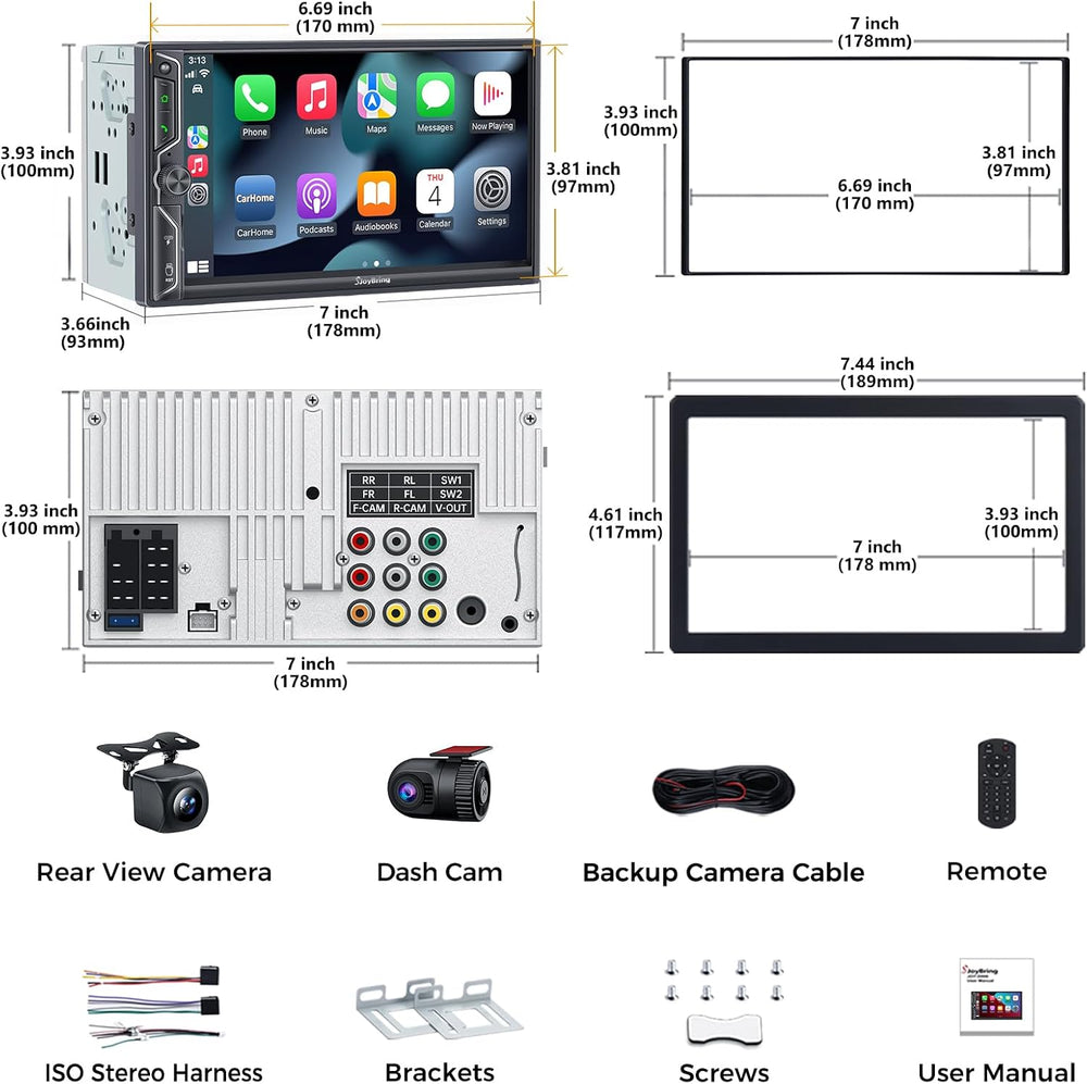 7" QLED Double Din Car Stereo Compatible with Wireless Apple CarPlay &am...