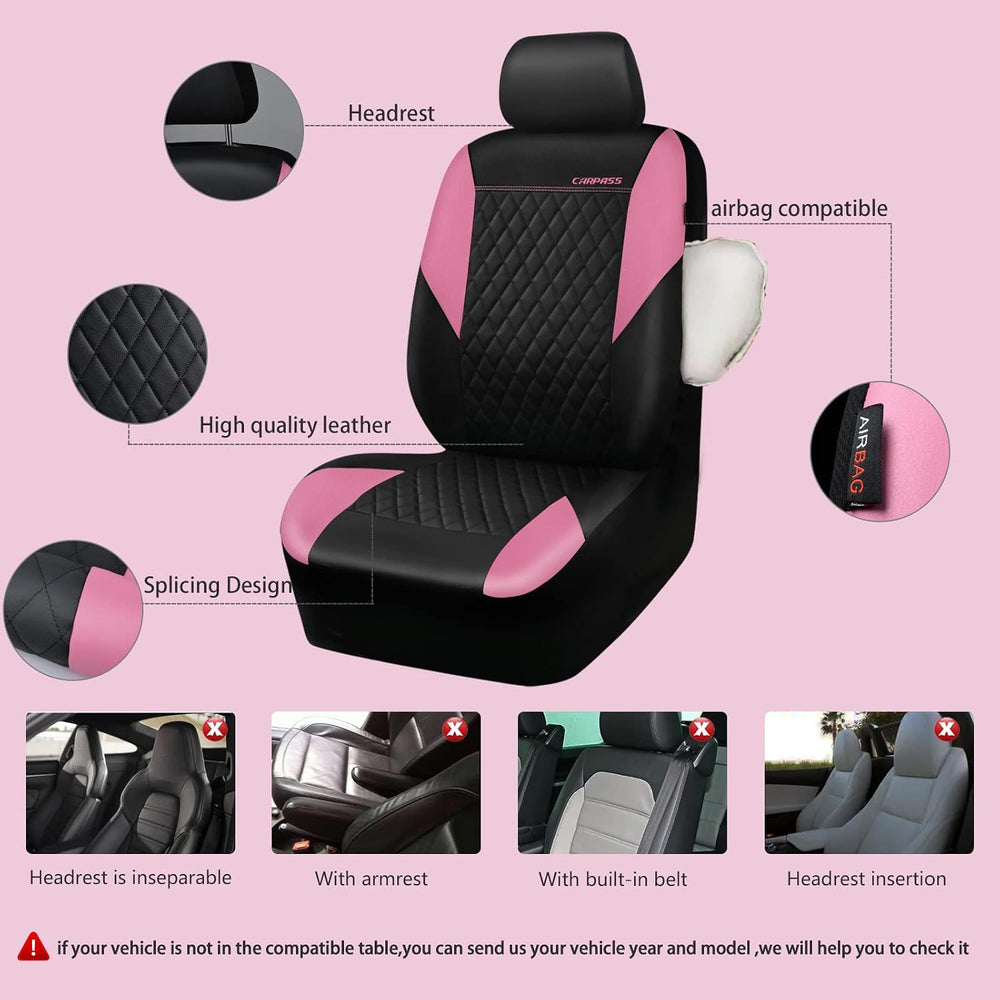 CAR PASS Pink Leather Seat Covers,Girly Quilting Pretty Cute Car Seat Cover w...