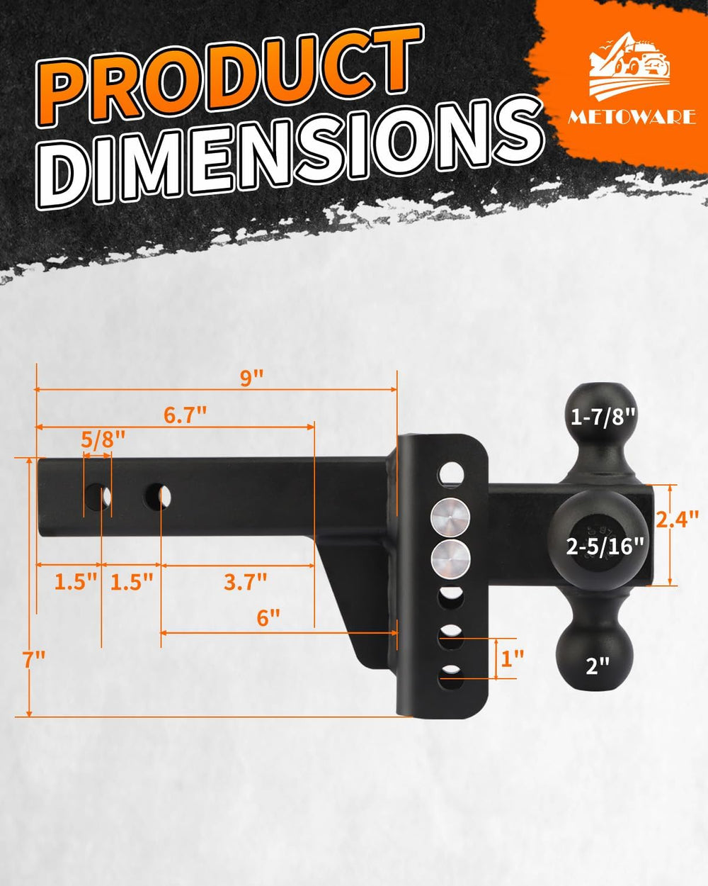 METOWARE Tri-Ball Trailer Hitch, Fits 2'' Receiver 4'' Drop/R...